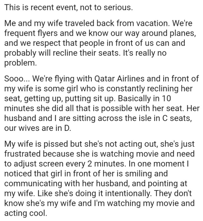 In one moment, the OP noticed that the girl in front of his wife was smiling and communicating with her husband