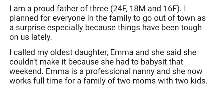 OP planned a surprise trip for the family. However, his oldest daughter has pulled out due to some work commitments