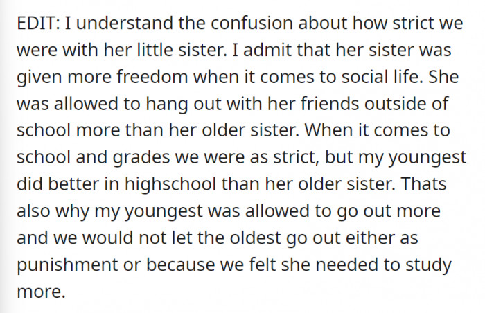 OP says that they were more lenient–less strict–with the younger sister. But?