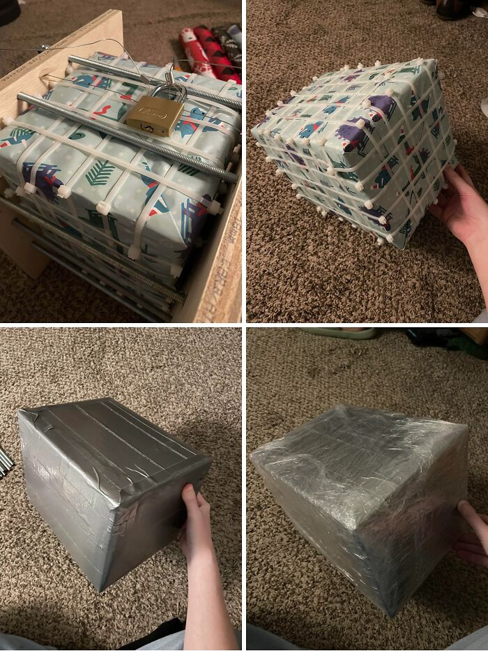 "Wrapped this for my daughter this year (outside to inside layers). There was a lock on either side. The keys for the locks were mixed in with a 1 lb bag of random keys I bought off eBay. It took her 48 minutes to open it, much longer than it took me to create this monstrosity. I’m not a professional anything, just a devious mom who loves an innocent prank or two. Please don’t judge the craftsmanship or lack thereof."