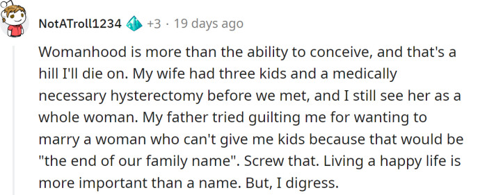 A Redditor explained that womanhood is much more than the ability to conceive.