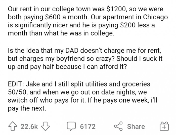 However, conflict arises when OP's father allows them to live in one of his apartments.