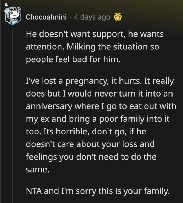 He probably had genuine intentions in the beginning. He could still think the same now, but he is not seeing that these events are crutches that he's using to avoid moving forward.