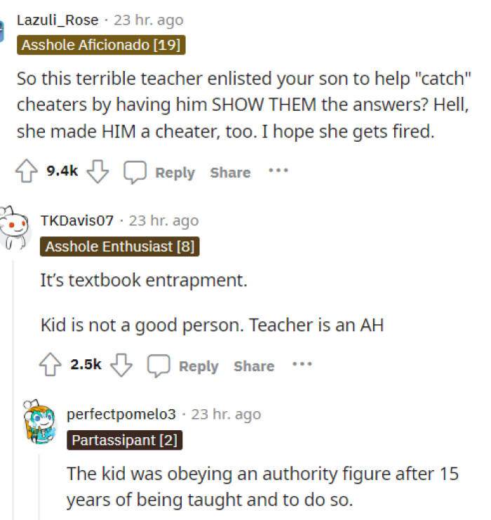This indeed did make him a cheater too, and she shouldn't have done this anyway, as it's way out of character for a teacher to act.