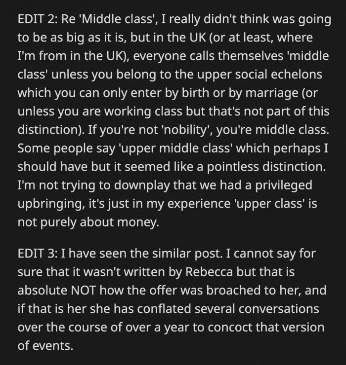 OP Also Realized How She Is Not Middle Class by the Standards of Everyone Who Is Not from the UK. People Also Suspected That a Similar Post Was Made by Rebecca, but OP Refuted Her Version of Events.
