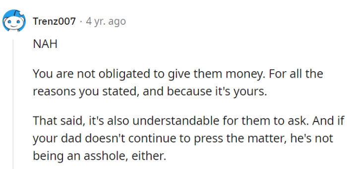 Money's hers, no obligation, no drama.