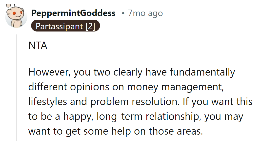 NTA, but differing views on money? Time for a relationship tune-up before the budget hits a sour note.