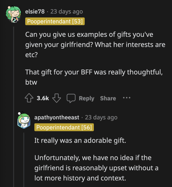We need examples of what gifts OP has bought his GF in the past, so we can understand better why she was so incensed by his thoughtful gift for his friend