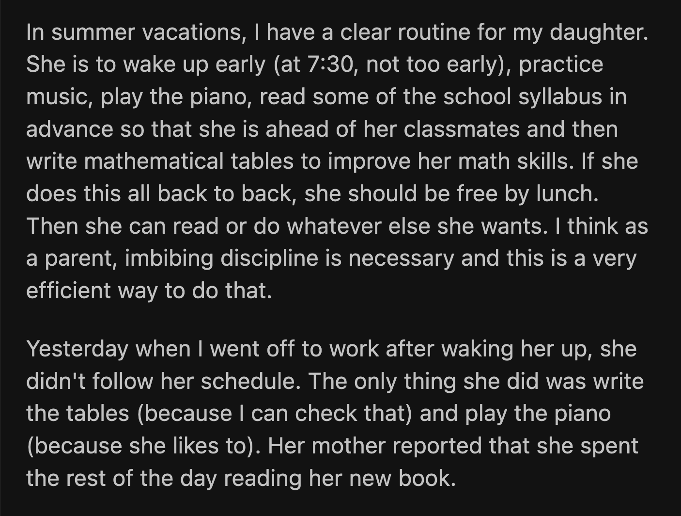 She talked to her mom, who explained why OP's punishment was justified.