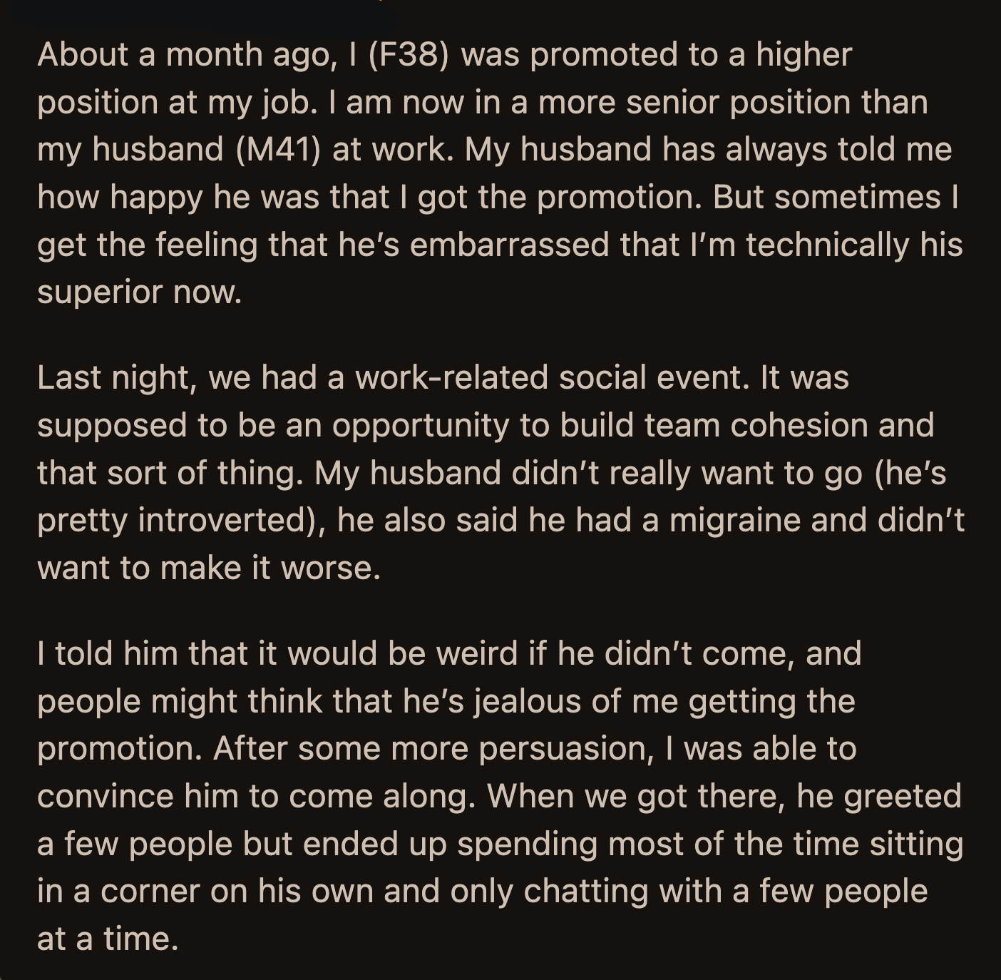 Her husband was mum on their drive home. He said OP surprised him when she asked if he was okay. OP became annoyed by the vagueness of his response.