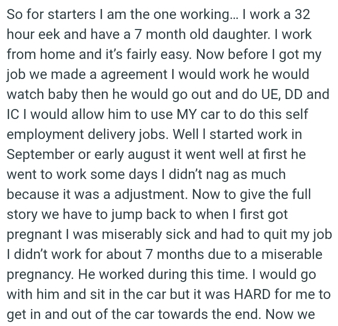 OP allows her partner to use her car to do his self-employment delivery jobs