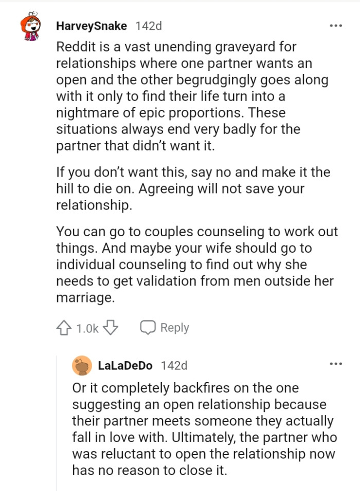 OP's wife should go to individual counseling to get some things straight