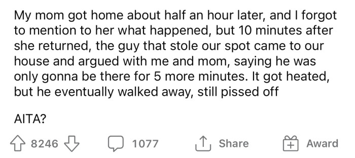After OP's mom returned, the stranger came back to argue with them.