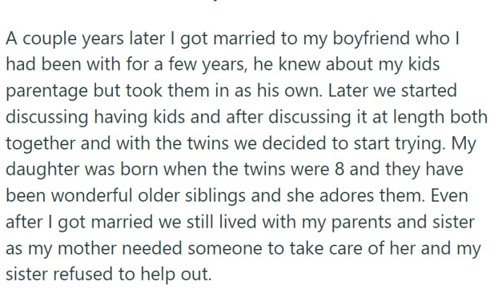 Fast forward a few years, and Jane legally adopts the twins. She even marries a man who's all in, treating the twins like his own.