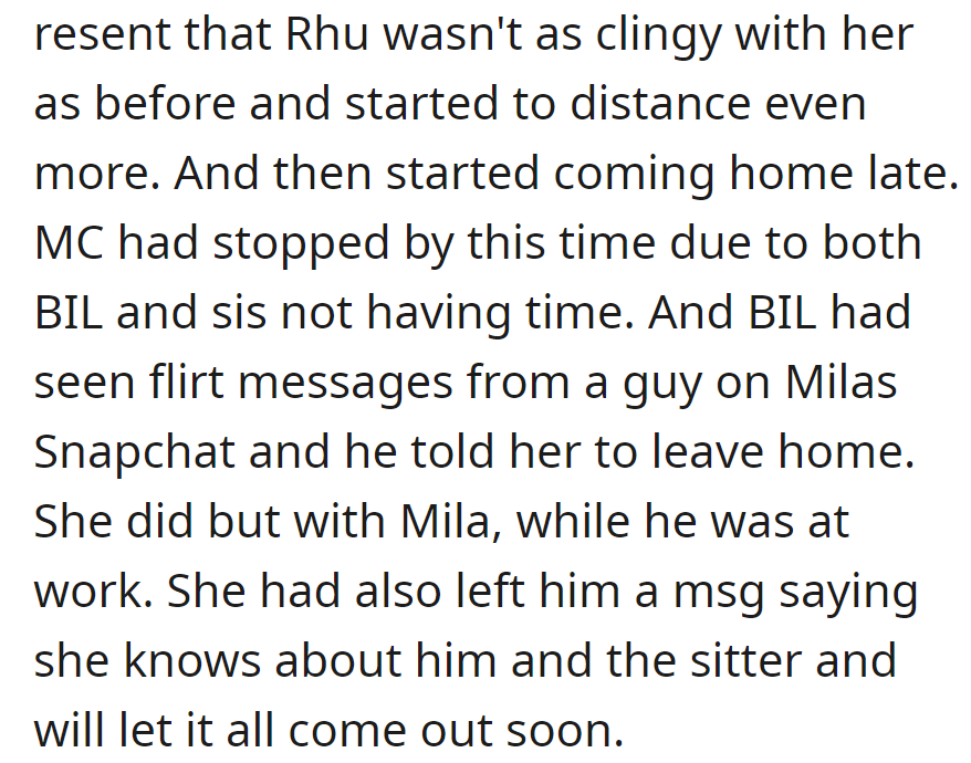Mila resented Rhu's distance and started to come home late. Marriage counseling stopped.