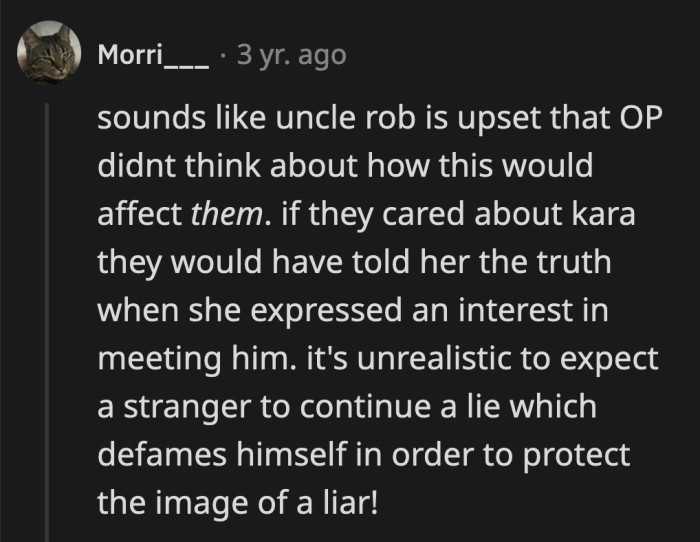 Rob and his family are clearly upset only because Kara got mad at them. Their lie wasn't to protect Kara; it was to protect her mom and themselves.