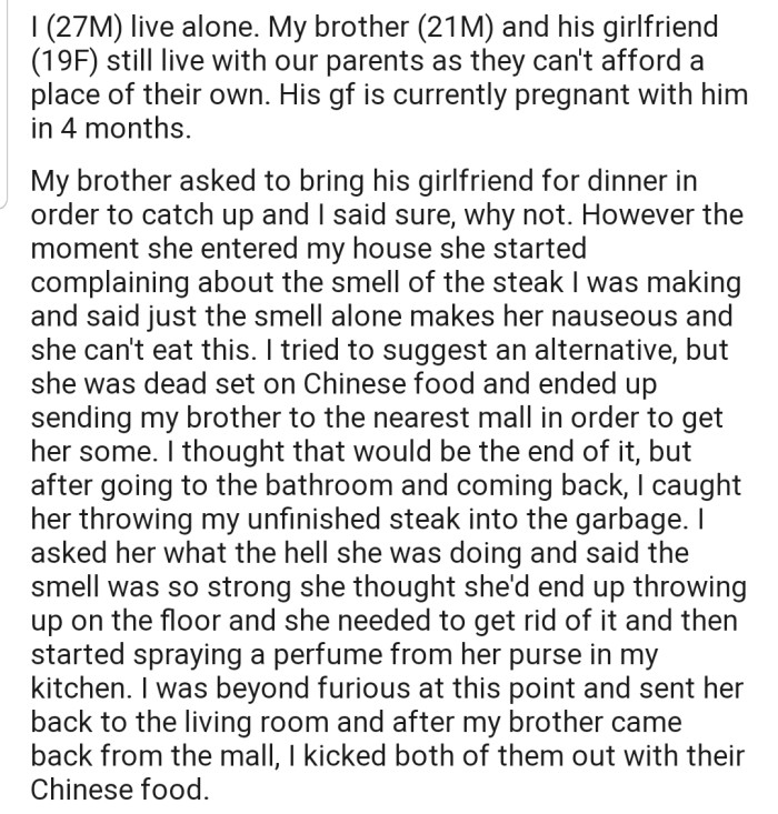OP was furious after walking in on his brother's pregnant girlfriend throwing his unfinished steak into the garbage