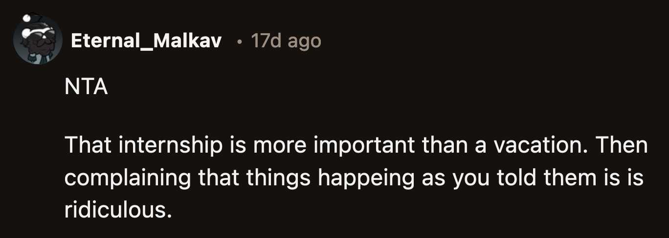 Shouldn't they be happy that OP qualified for an internship in the field and company he wants a career in?