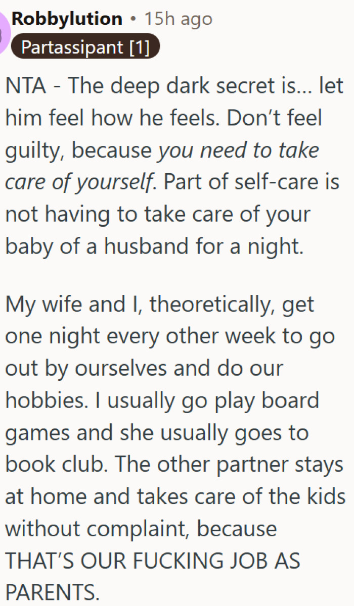 Self-care nights are non-negotiable, and this husband needs to understand that