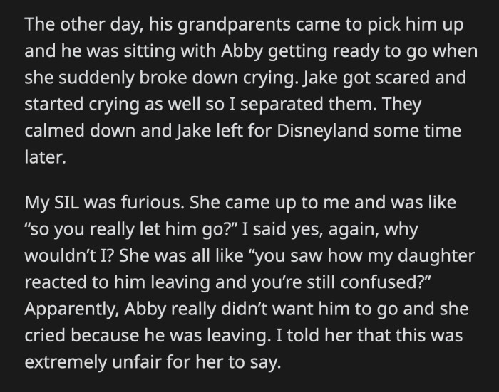 SIL said that a trip to Disneyland was less important than her daughter's emotional well-being.