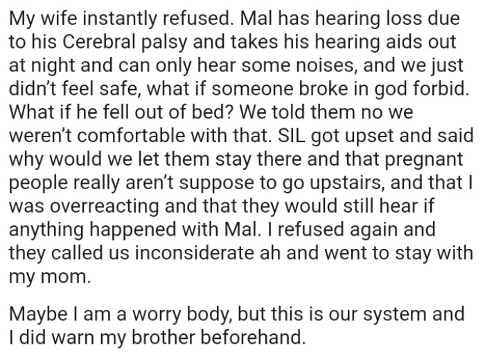 SIL asked why OP would let them stay there and that pregnant people really aren’t supposed to go upstairs