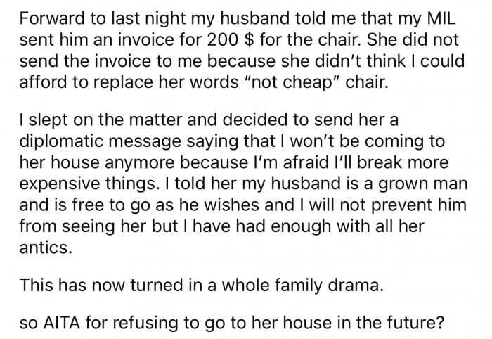 OP's MIL sent an invoice to OP's husband and attached a demeaning comment to it.
