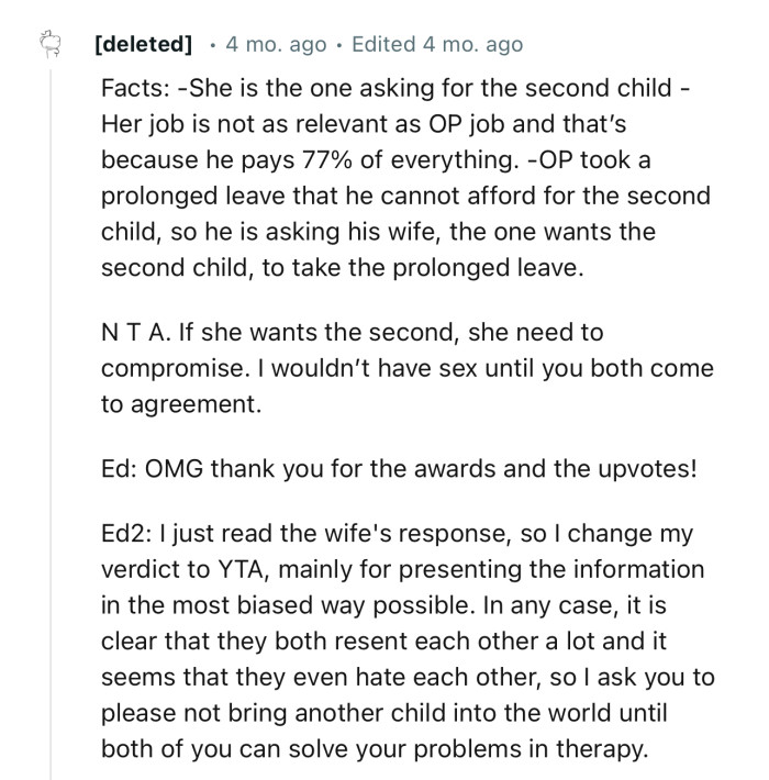 “If she wants the second, she needs to compromise. I wouldn’t have s*x until you both come to an agreement.”