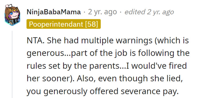 Marie collected warnings like souvenirs, but OP's severance pay was the real parting gift. Generosity with limits!
