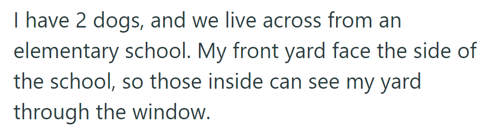OP lives across from an elementary school and they have two dogs. Their front yard faces the school, visible through its windows.