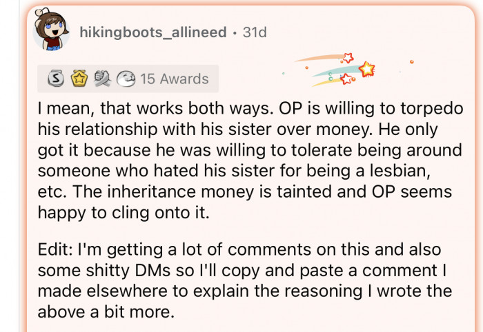 What the sister attempted is no different from OP's decision to keep all the money.