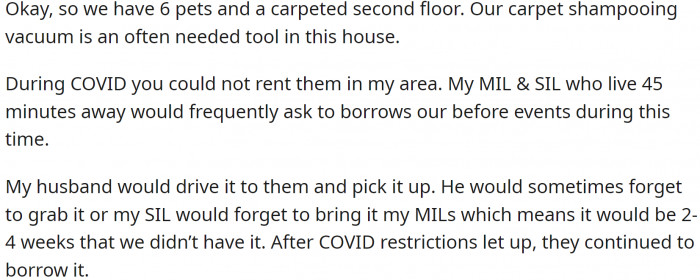 OP has six pets and a carpeted second floor, making a carpet shampooing vacuum an often-needed tool in the household.