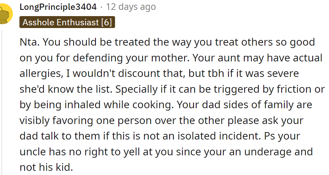 The OP was not in the wrong; her aunt should know about her own allergies.