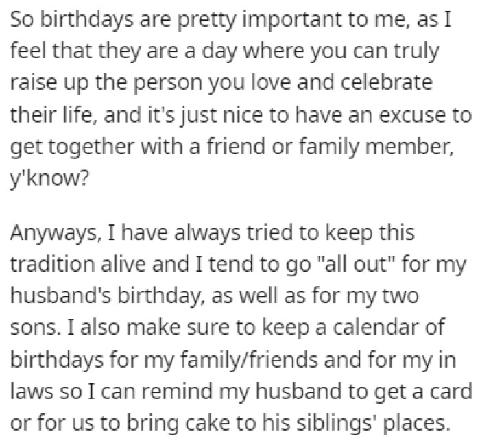 Birthdays Hold a Special Place in OP's Heart, and She Always Goes the Extra Mile When It's Her Husband's Birthday
