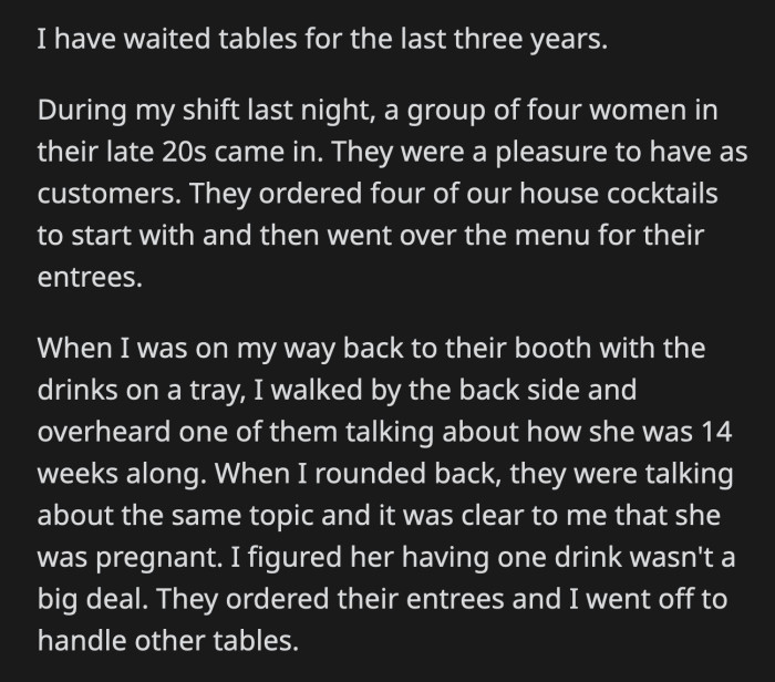 Minutes later, the alleged pregnant lady went inside to ask the OP about the virgin cocktails marked on their receipt when they didn't order them