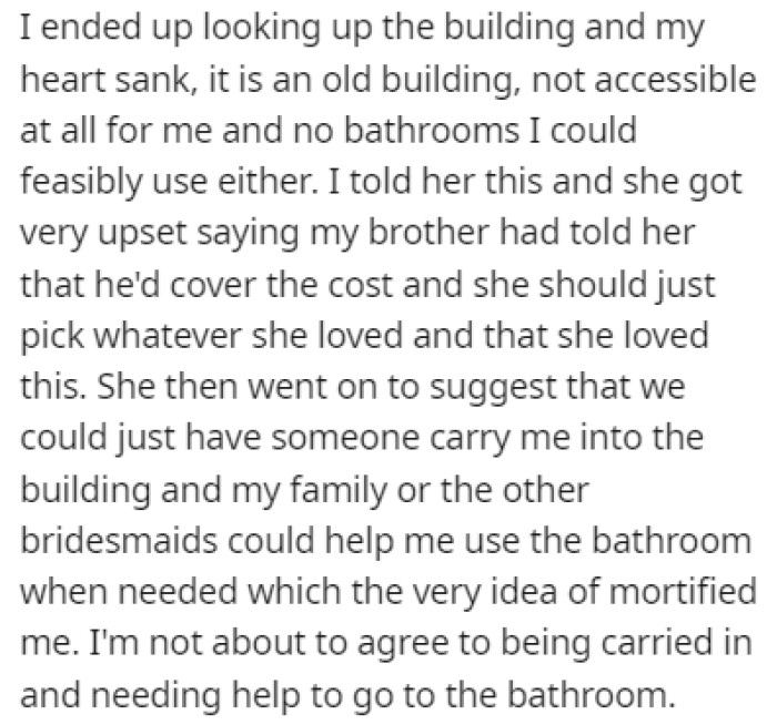 OP looked up the building where the wedding would take place and she noticed that it wasn't accessible for her at all