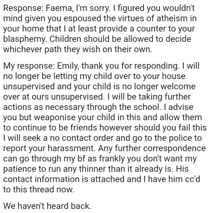 OP says she will no longer be letting her child over to Karen's house unsupervised
