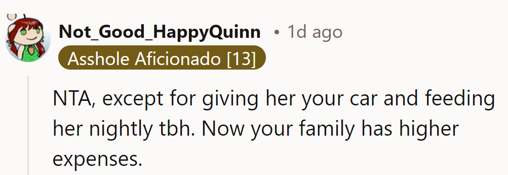 NTA, though giving her the car and nightly dinners has increased his expenses. Now his family’s budget is stretched.