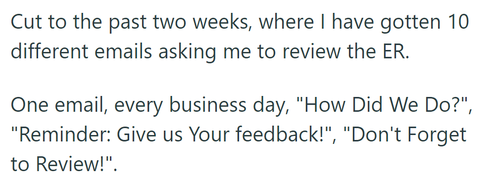 They've been bombarded with 10 emails in two weeks asking for an ER review, receiving reminders every business day.