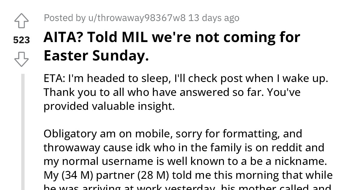 Couple Decides Not To Go To Easter Sunday With Family Because They Won't Accommodate Their Work Schedules