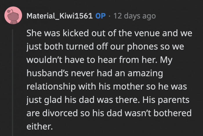 OP's nemesis was escorted out of the venue and neither her ex-husband nor son was surprised by her criminal behavior