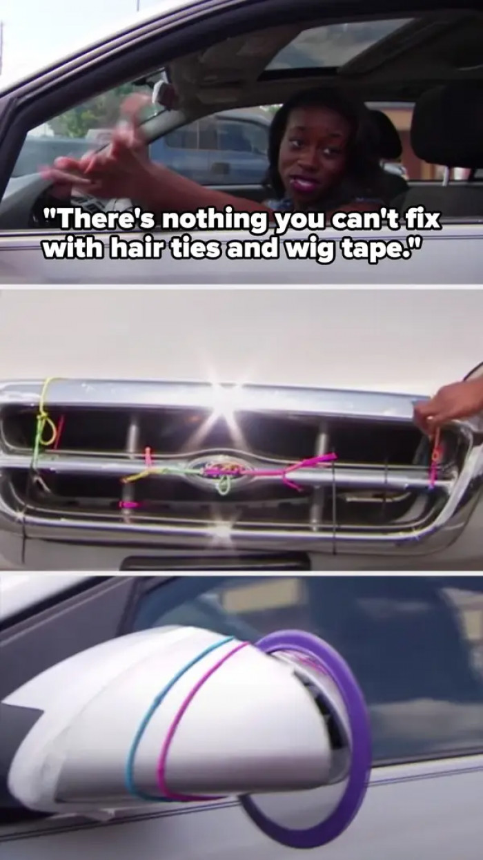 29. The woman who is keeping her car road-safe by repairing the damages using hair ties and wig tape