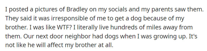 However, after posting pictures of their husky on social media, OP's parents criticized him for being irresponsible regarding their allergic brother, despite living miles away and having experienced dogs nearby while growing up.