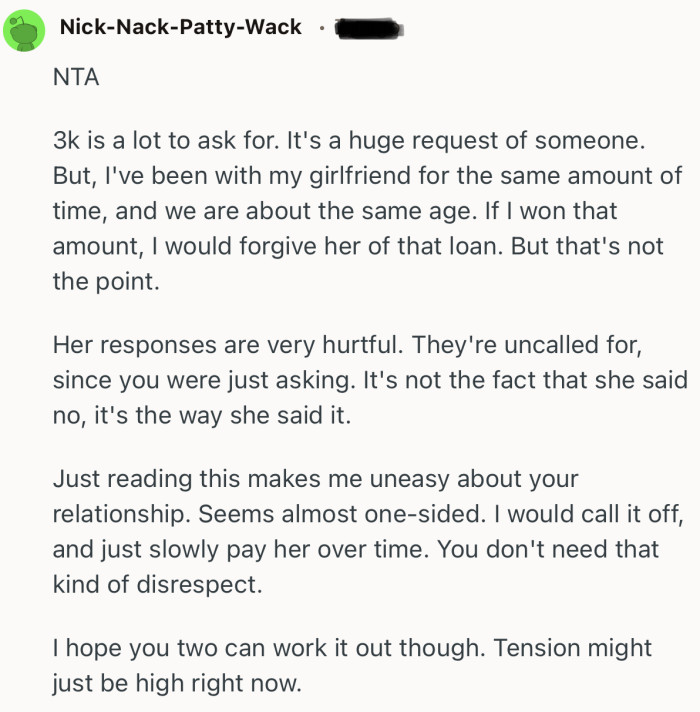 “Her responses are very hurtful. They're uncalled for, since you were just asking. It's not the fact that she said no, it's the way she said it.”