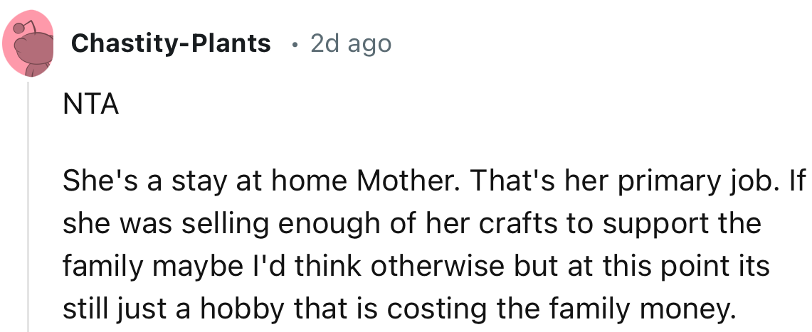 “She's a stay-at-home mother. That's her primary job.”