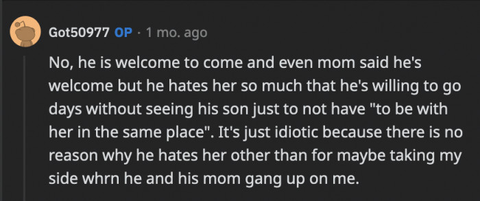 OP said there was no need to meet up at a random café when he can go to her mom's house anytime he wants to discuss things, but he refuses because of an arbitrary dislike for her mom.