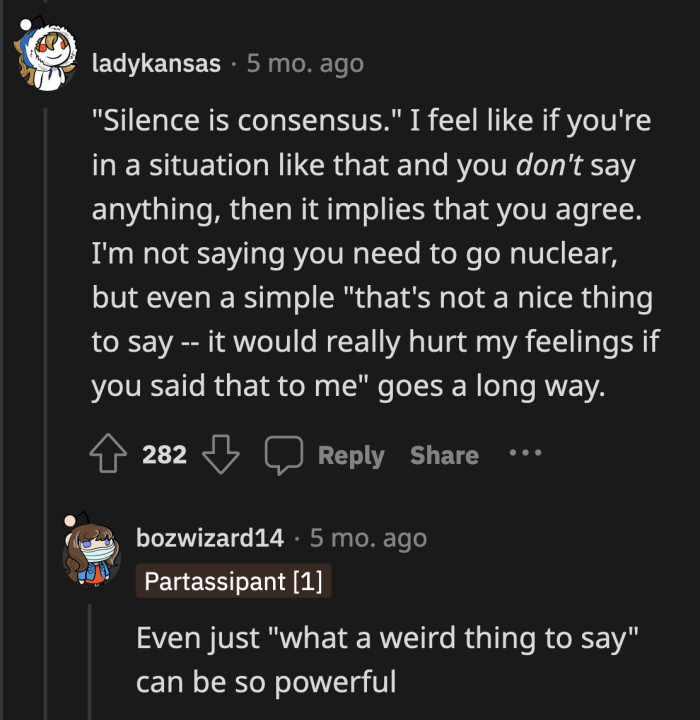 OP would have been complicit in Tom's treatment of Jenny if she didn't speak up.