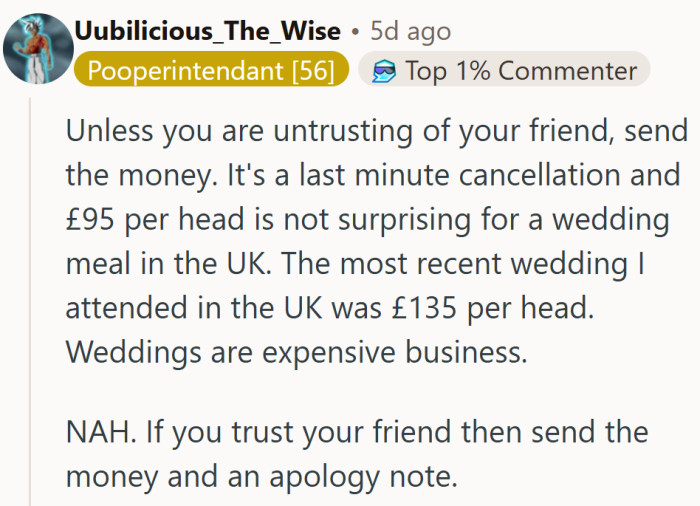 Apparently £95 is a bargain—wedding dinners in the UK are priced like fine dining.