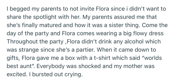 Flora announced her pregnancy at OP’s birthday party
