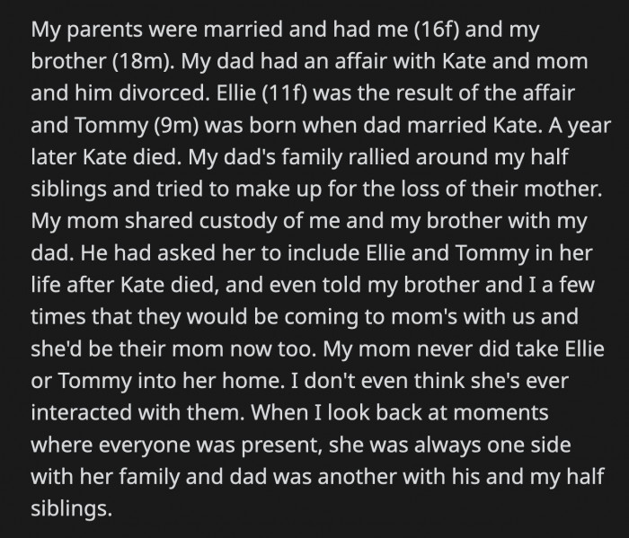 Their dad's side of the family has been drilling it into their heads that OP's mom is now their mom