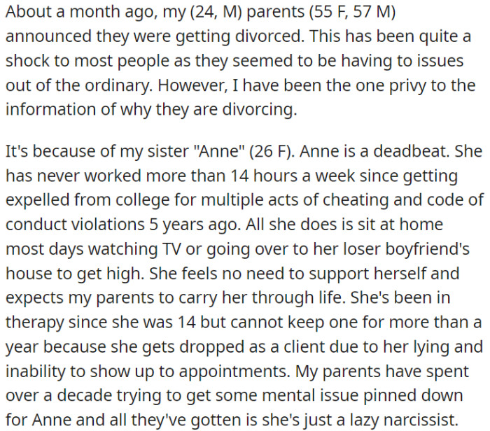 OP's parents are divorcing because of his unemployed sister, Anne, who has mental health issues.